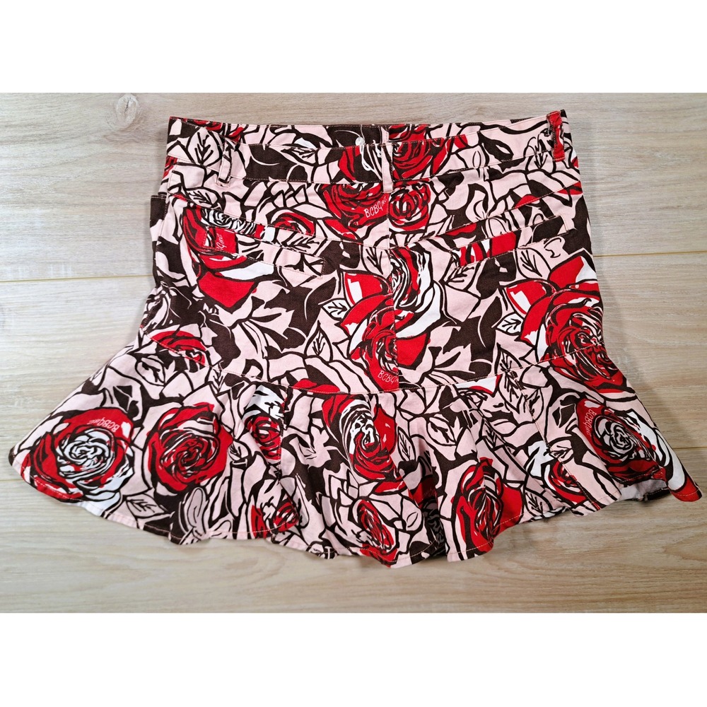 BCBGIRLS Y2K Red Brown Rose Floral Asymmetrical Ruffle Mini‎ Skirt Size 4  (28")